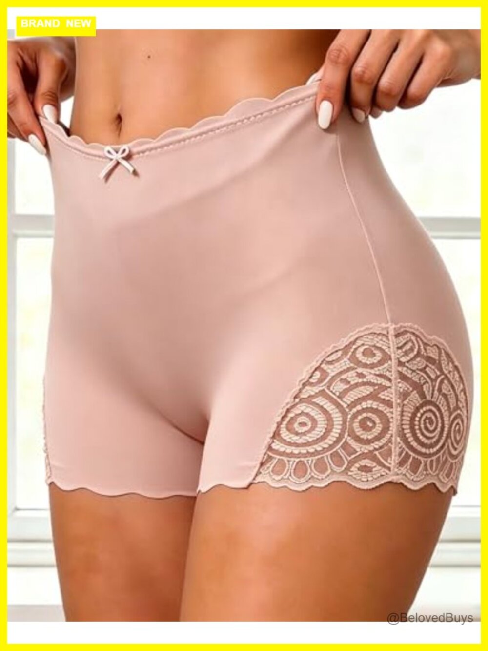 High-Waist Lace Trim Shorts Stretchy Nylon Blend Scallop Edge